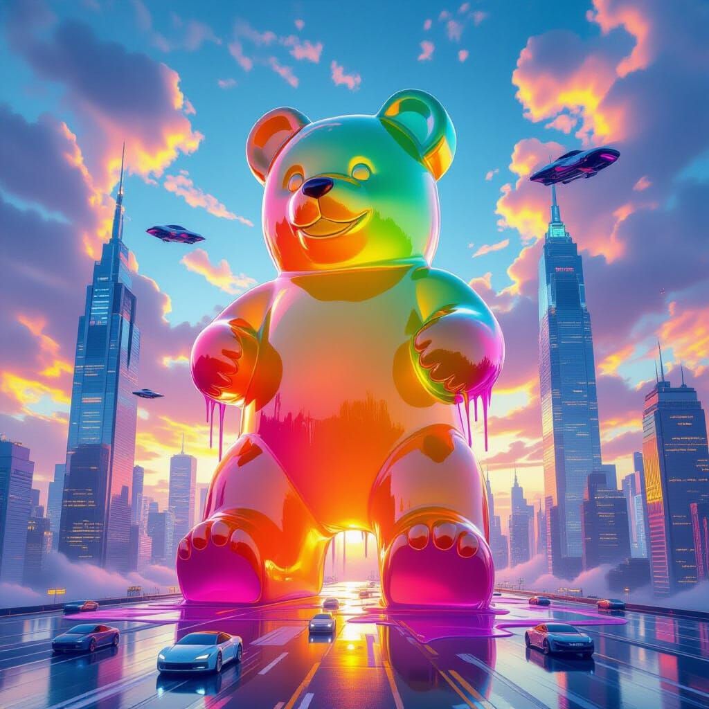 Giant Gummy Bear Meltdown in Futuristic Cityscape