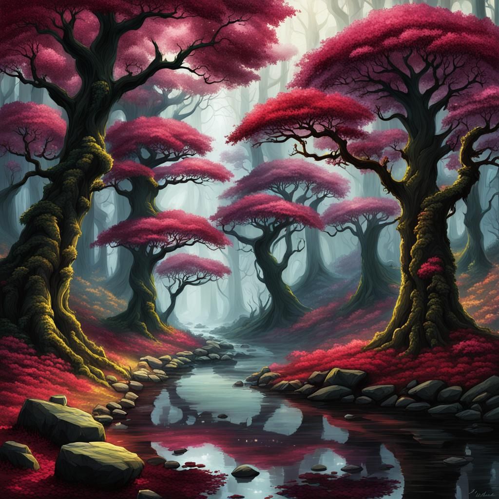 Glistening Ruby Tree Glade with Spectral Wizards