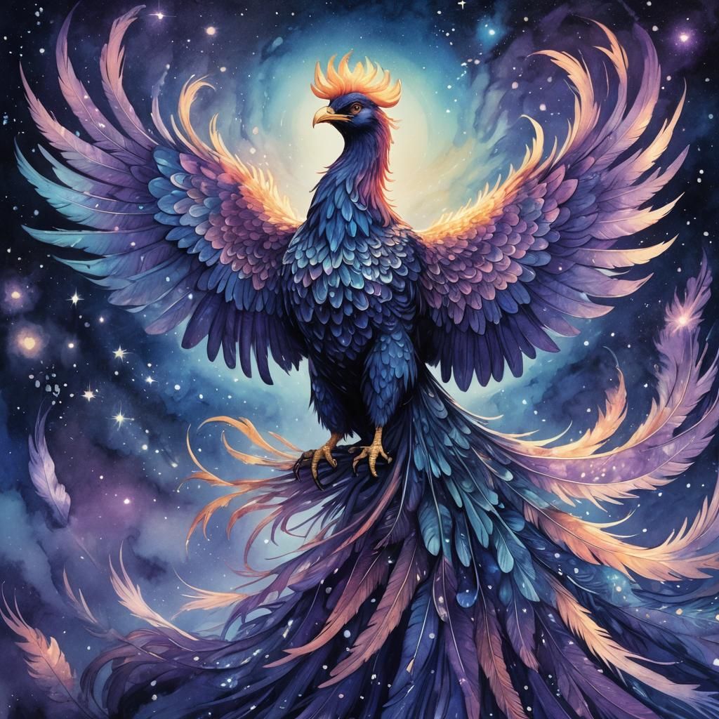 Phoenix Under Starry Sky: Fantasy Illustration