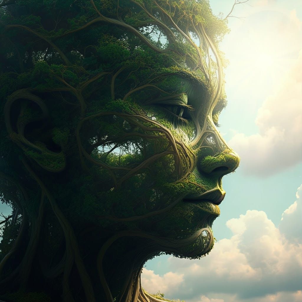 Surreal Tree Goddess in Ethereal Landscape