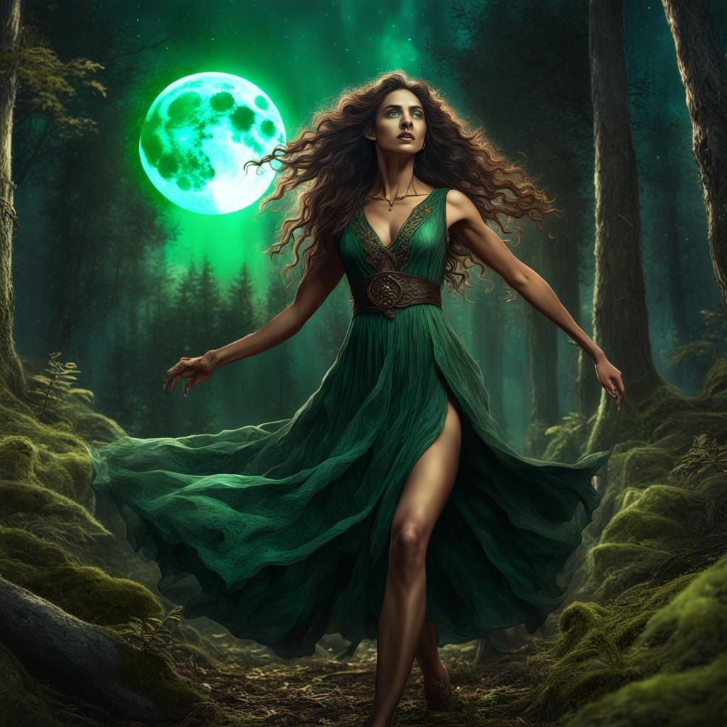 Nature Witch Dancing Under the Moon, Fantasy Art