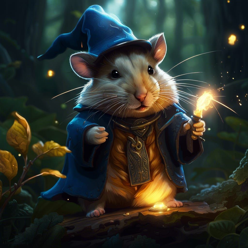 Wizard Hamster Playing Magic in Dark Forest