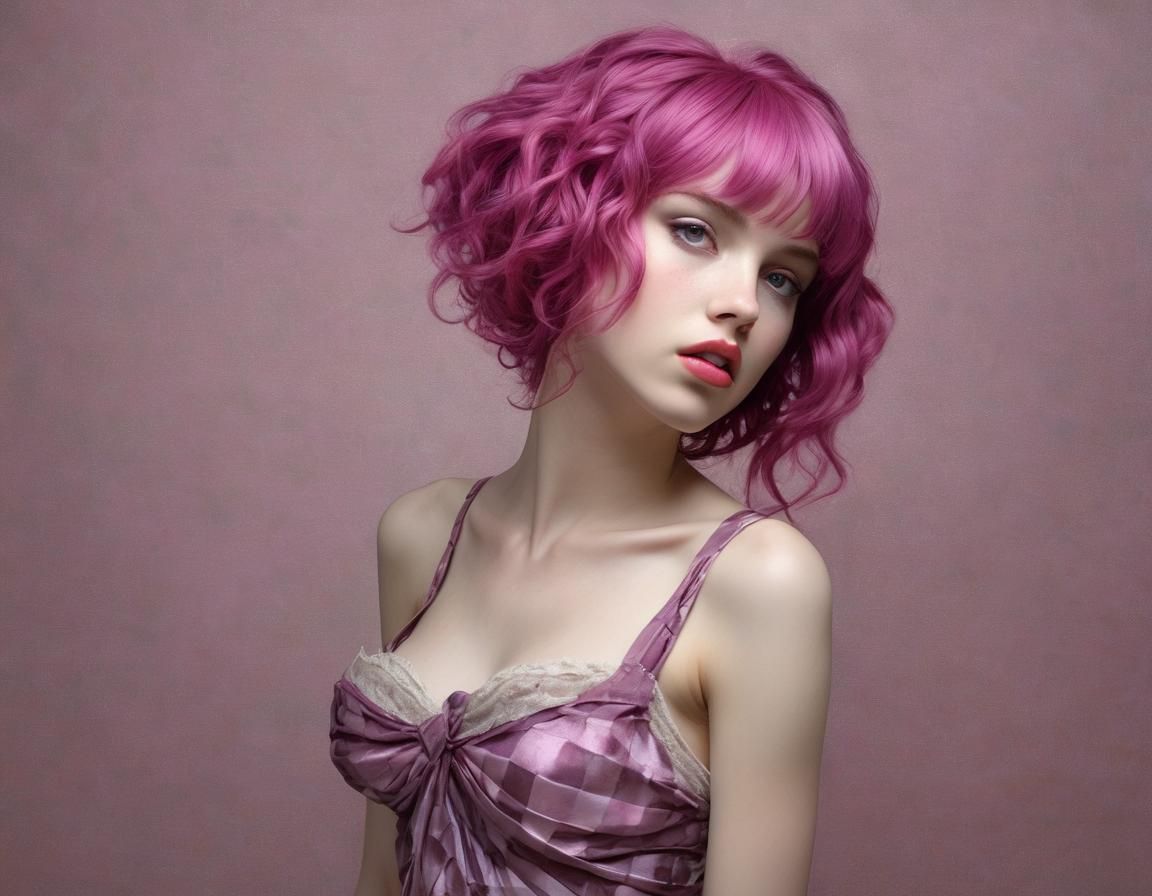 Magenta-Haired Woman in Woven Cloth, Pre-Raphaelite Style