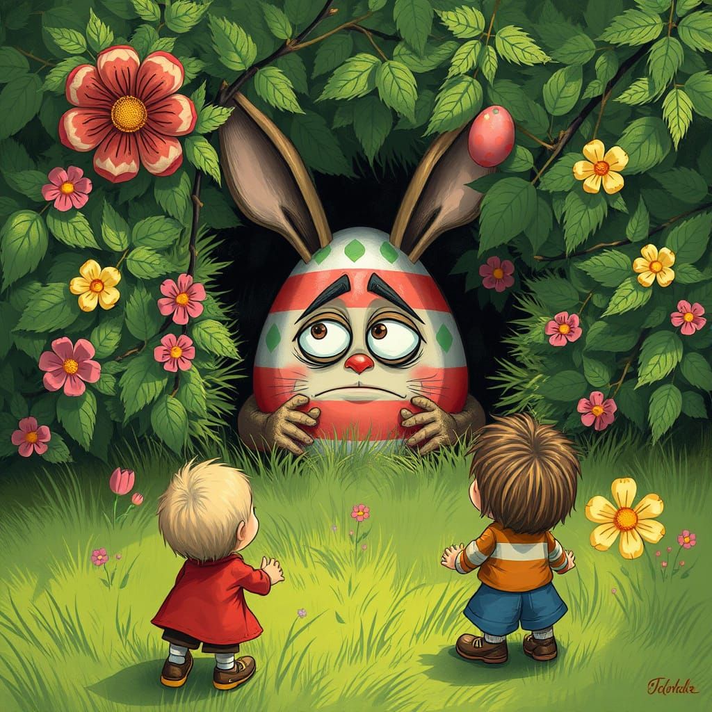 A nervous anthropomorphic Easter egg hiding in a bush, watching children searching for him