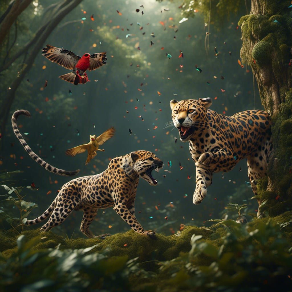 Cheetah, Jaguar, and Falcon Fight in Forest
