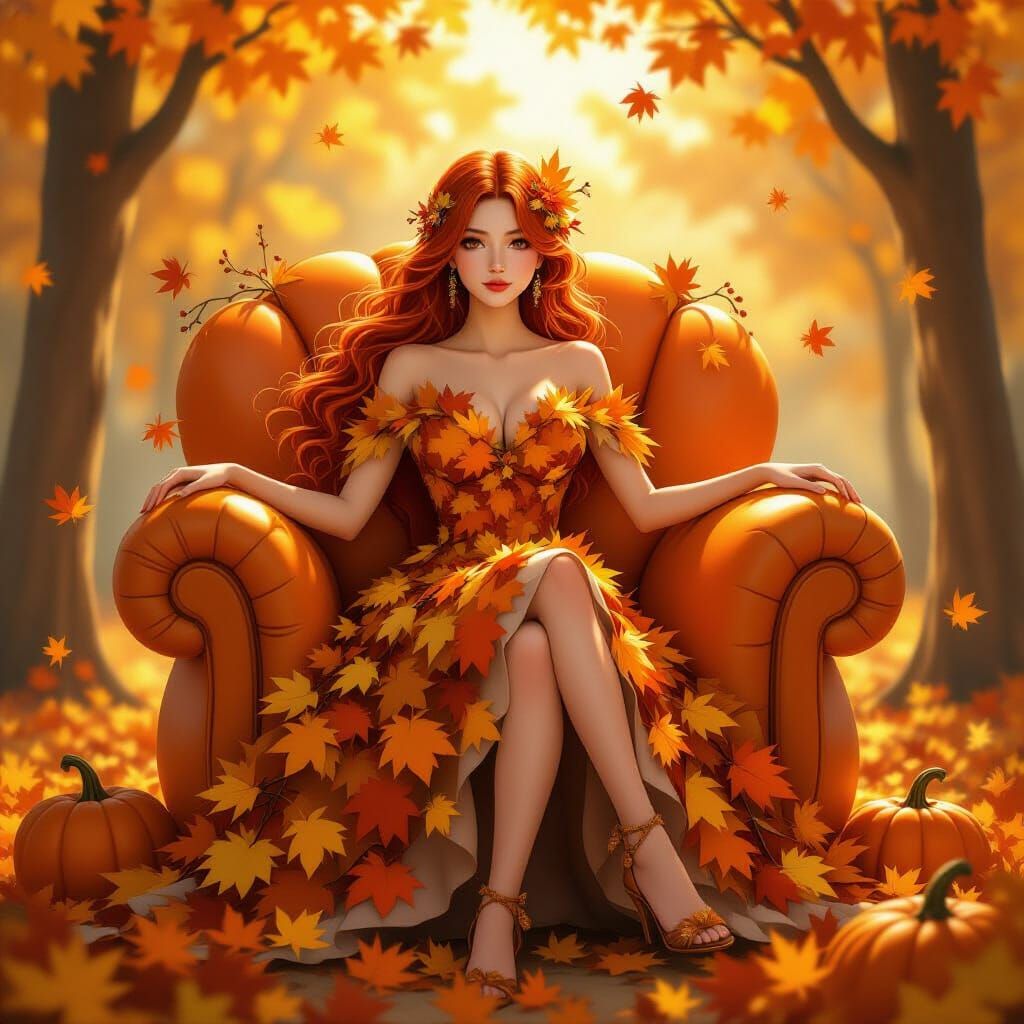 Autumn Woman in Amber Leaves, Dreamy Art