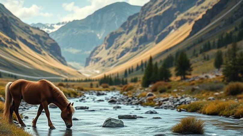 Wild Mustang at Mountain Stream: Photorealistic Oil Painting