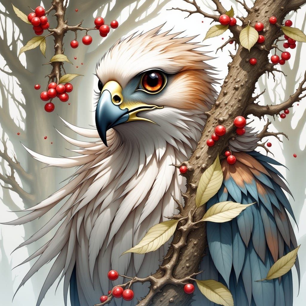 Hawk beautiful realistic feathers surrounded in tree bark berrys leaves twigs and flowers. A breathtaking m...