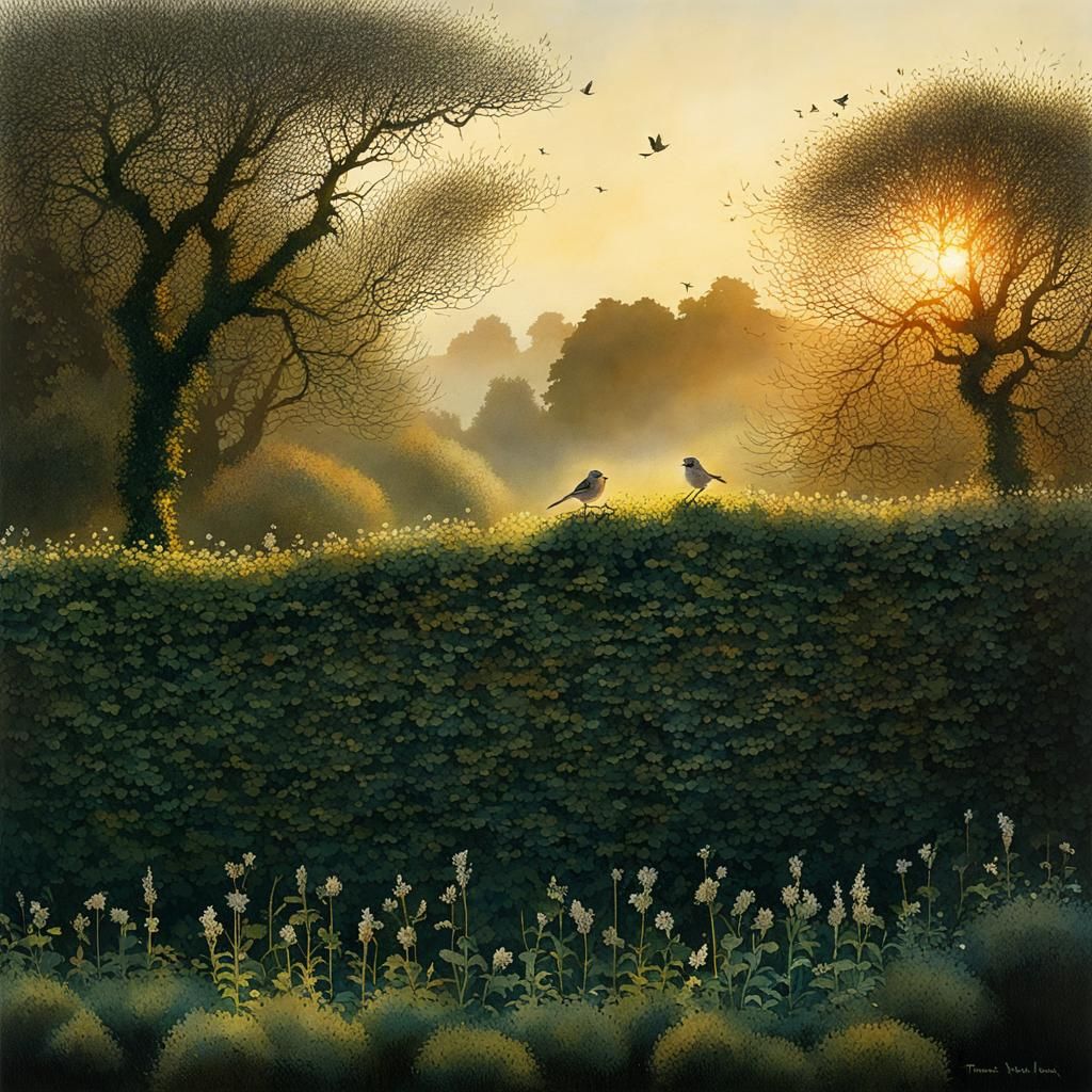 House Sparrows in Hedge: Watercolor Evening Light
