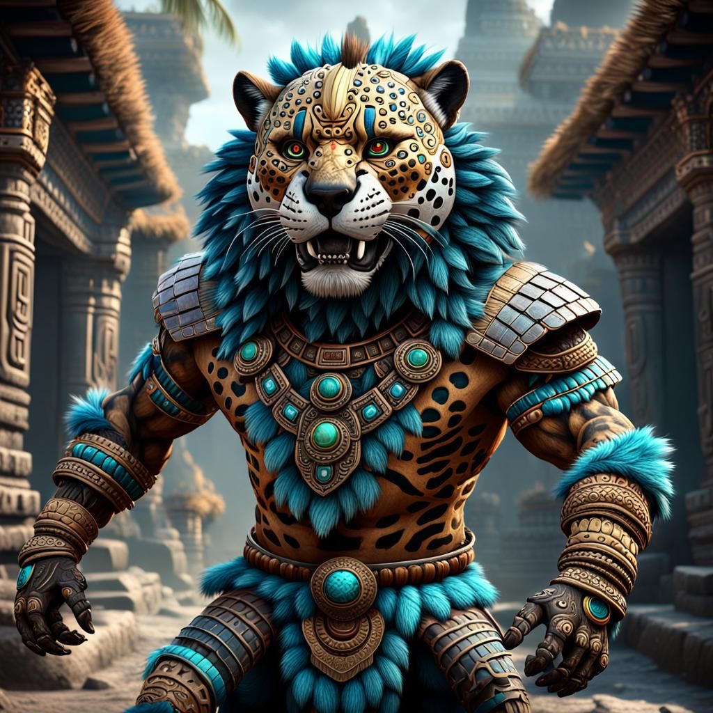 Furry Aztec Jaguar Warrior in Detailed Digital Painting