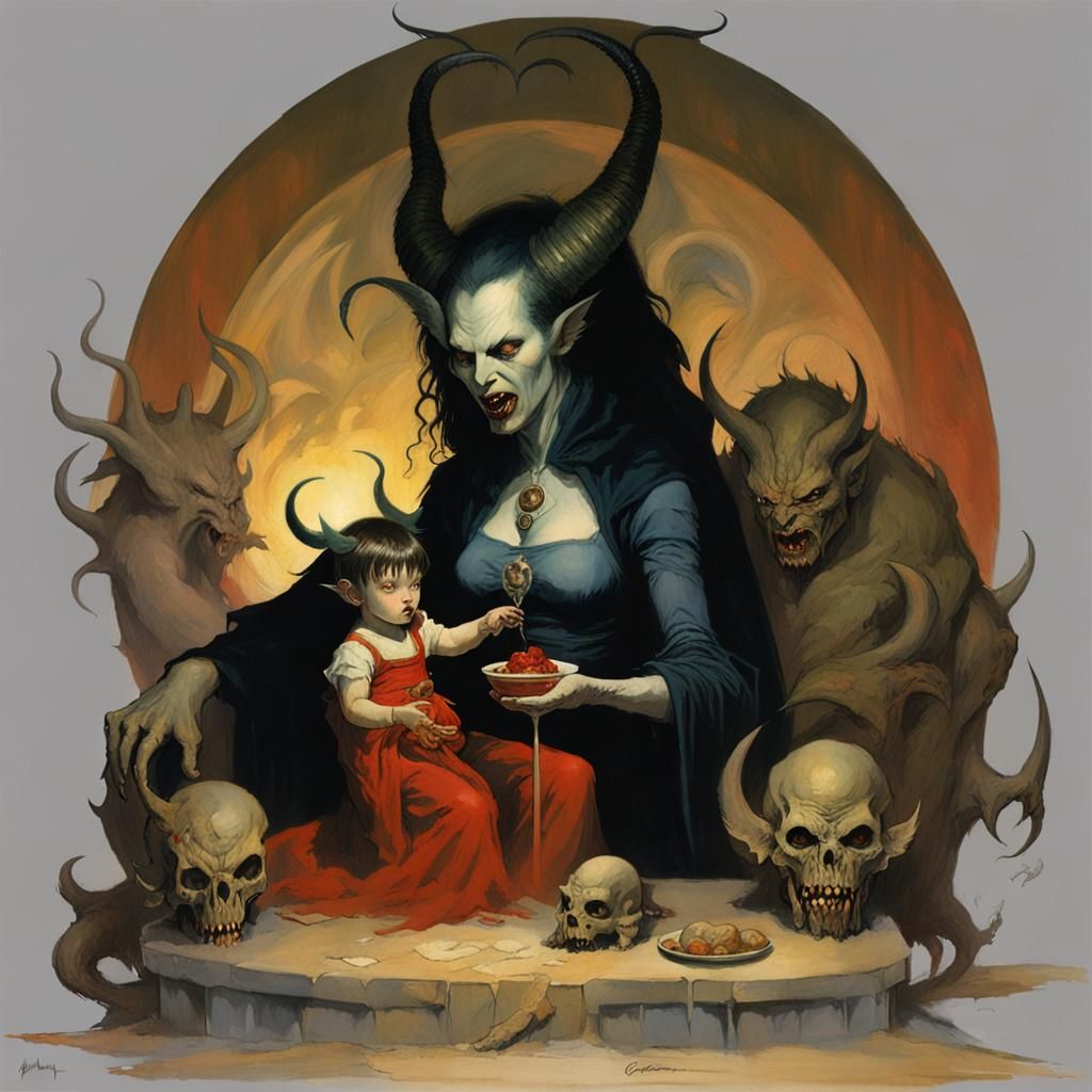 Macabre Mother Demon and Child Devil in Dark Fantasy Style