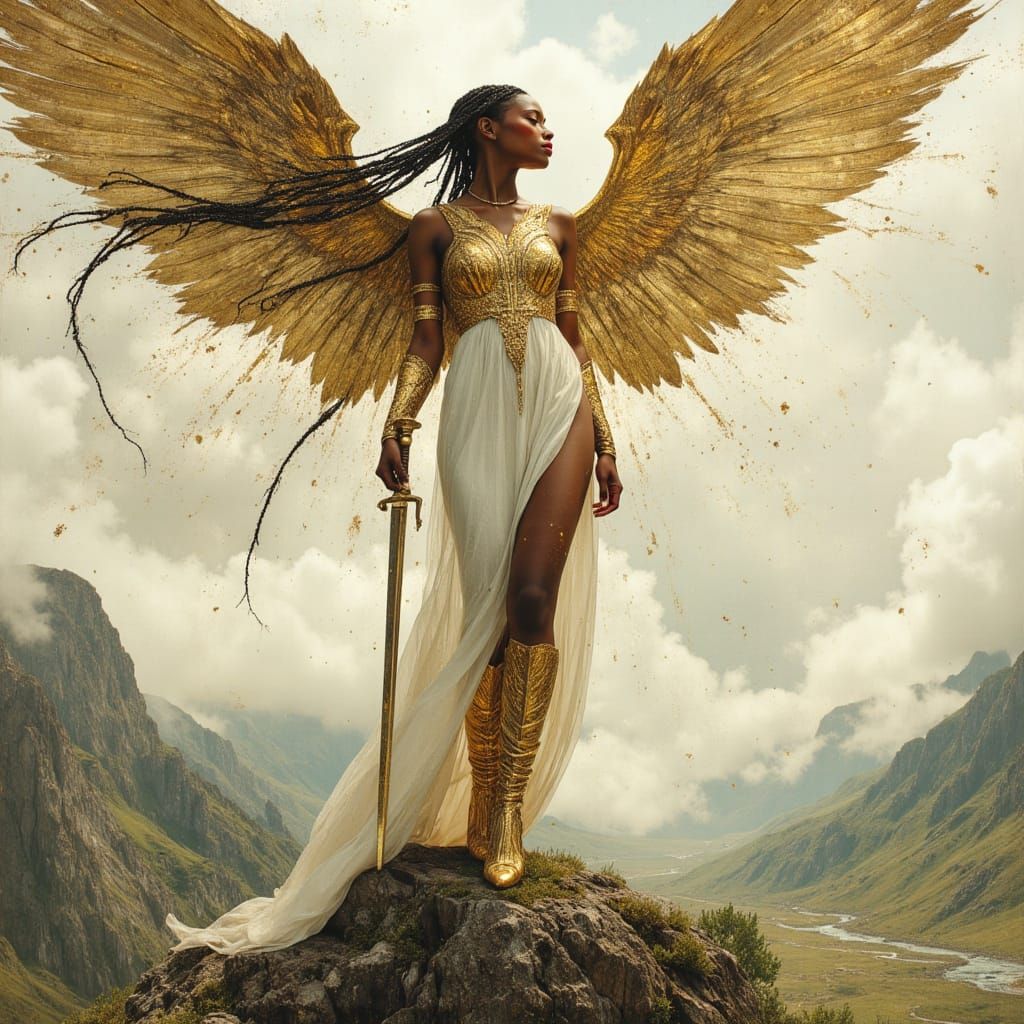 Winged Goddess in Futuristic Armor on Mountain