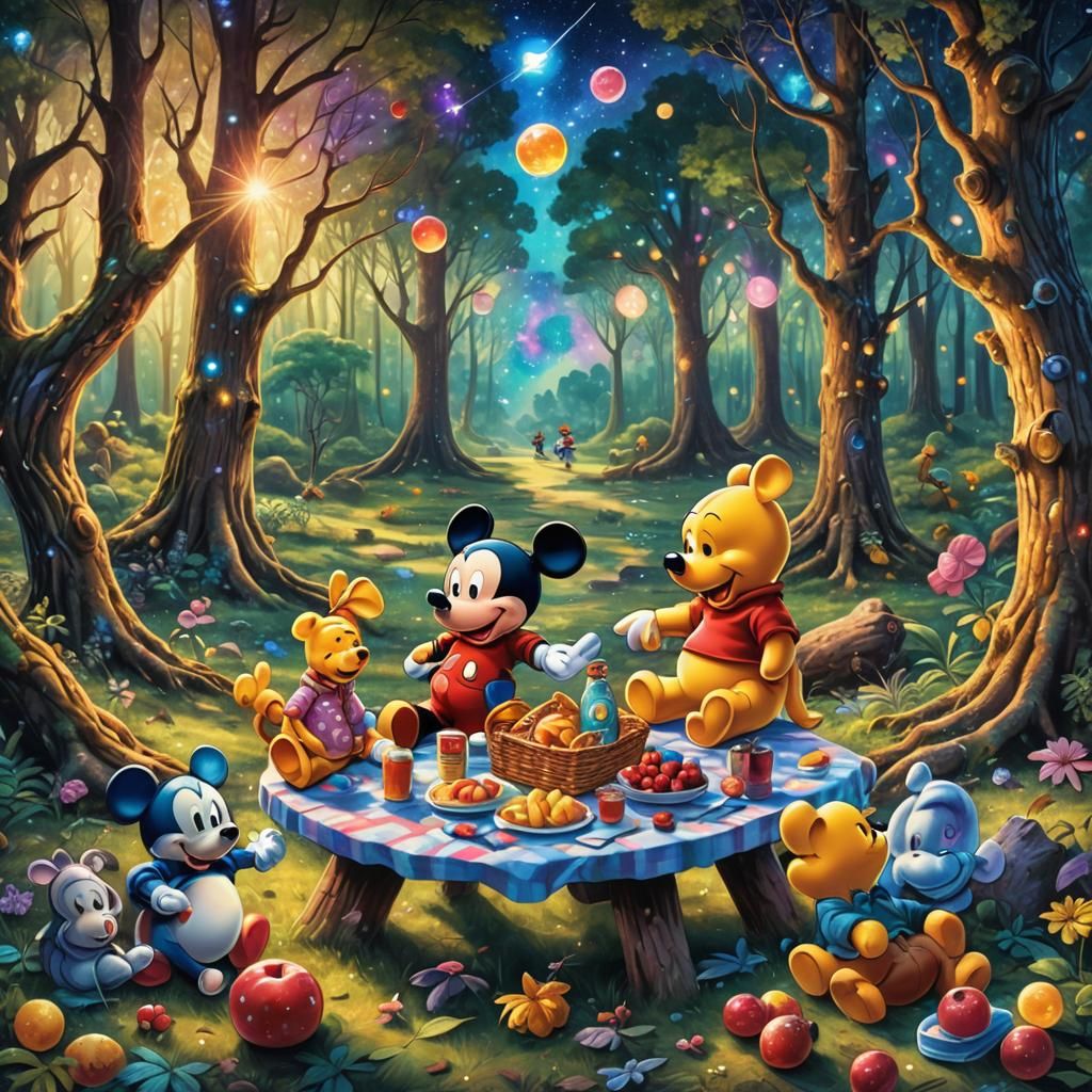 Mickey and Pooh's Cosmic Picnic Illustration