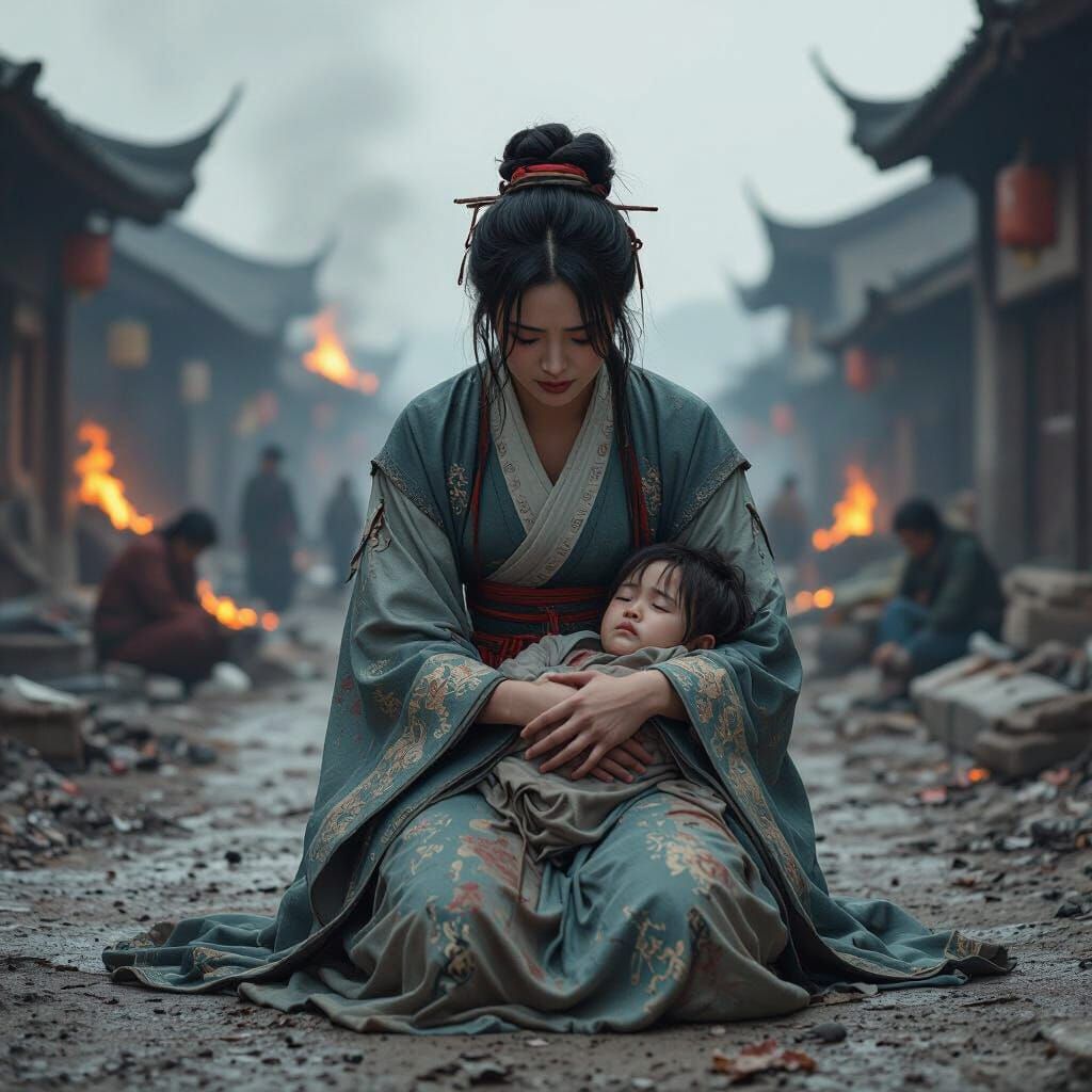 Ming Dynasty Mother Grieves in Ruined Village