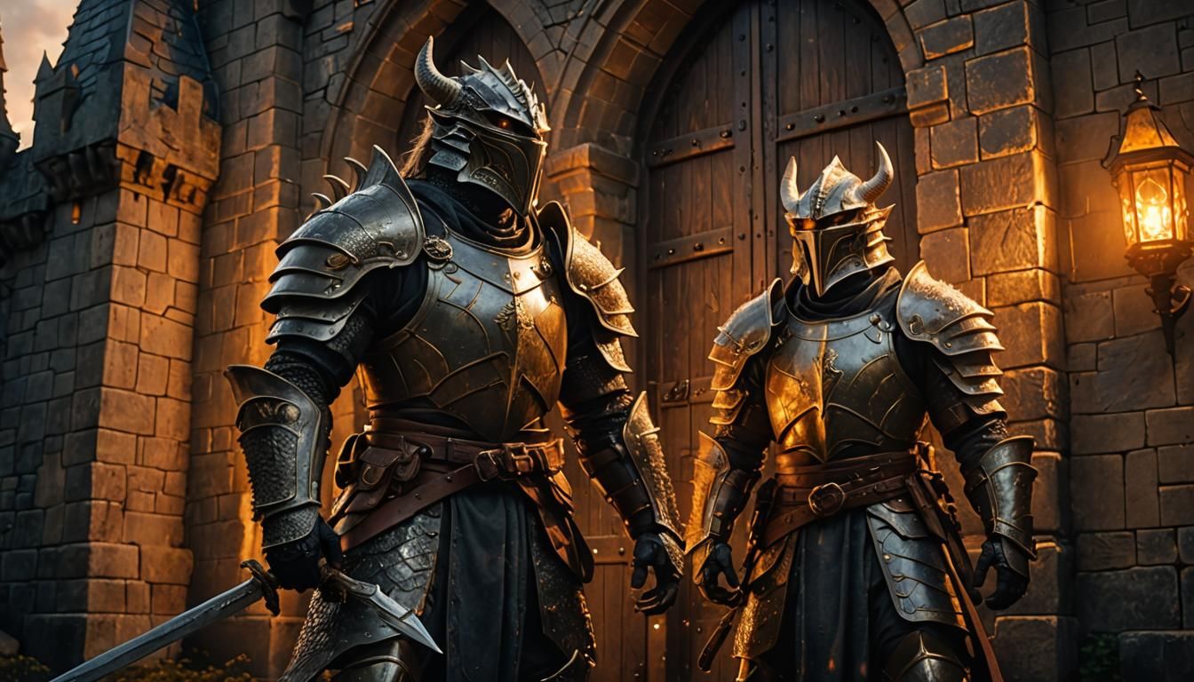 Dragonborn Guards at Castle Gate in Golden Light