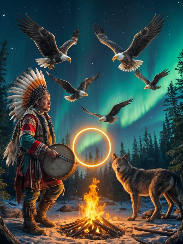 Native American Drummer in Forest with Eagles