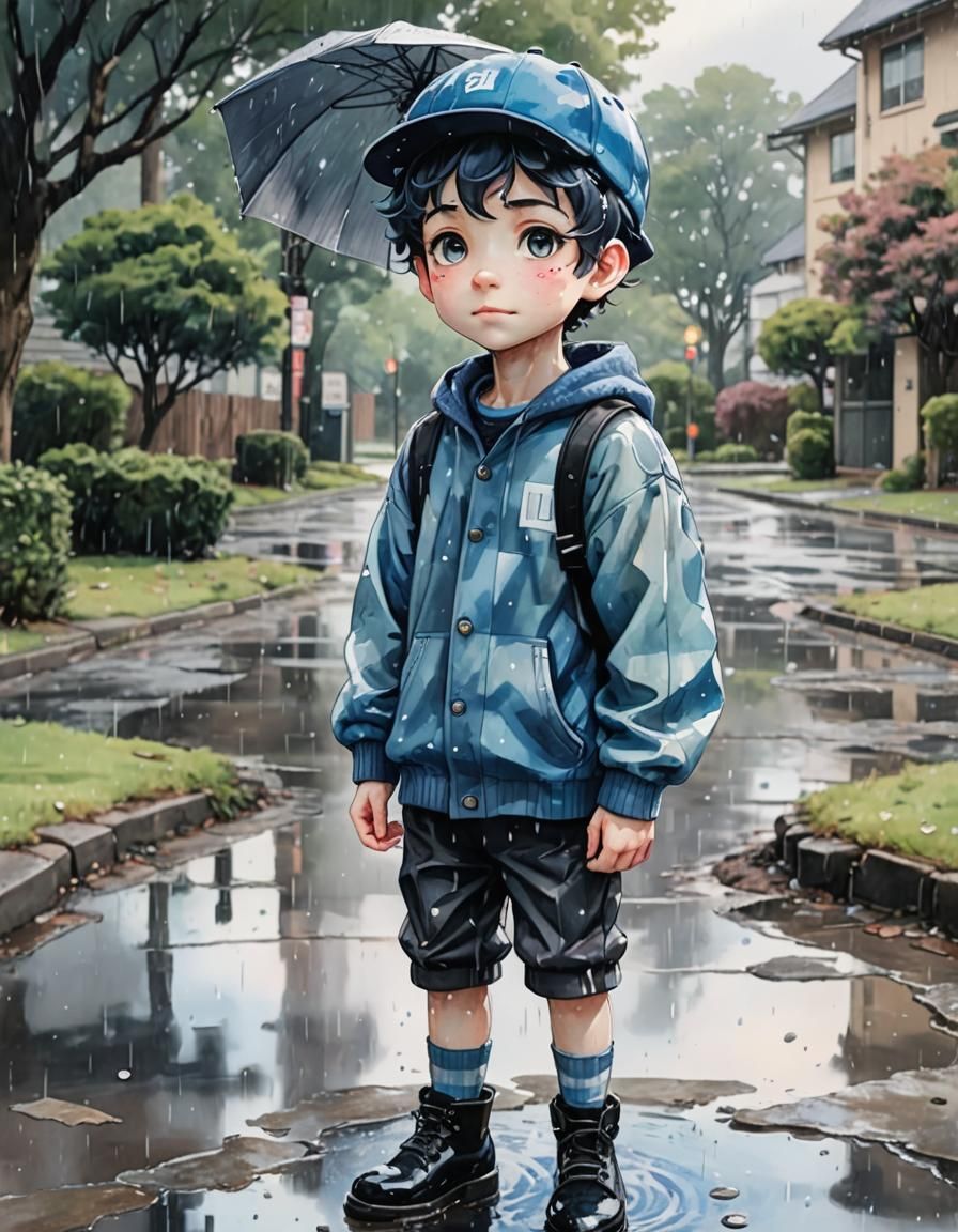 Anime Portrait of a Jewish Boy in Rain