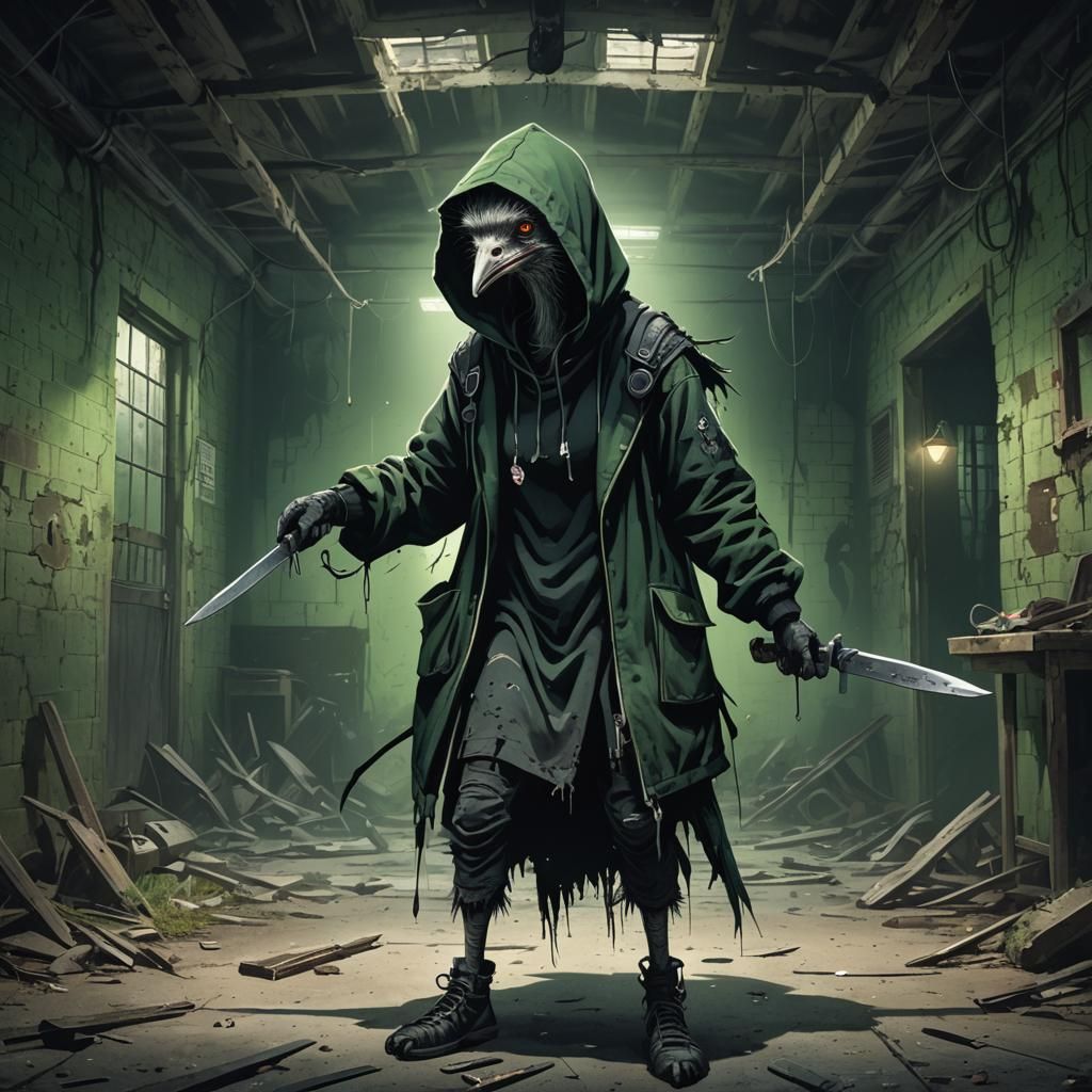 Ostrich Rogue in Abandoned Asylum: Dark Fantasy Illustration