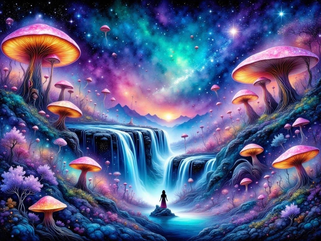 Surreal Waterfalls in Vibrant, Bioluminescent Abundance