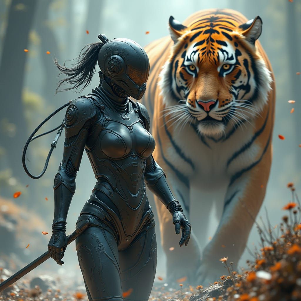 Cyborg Warrior Battles Ferocious Tiger in Futuristic Landsca...