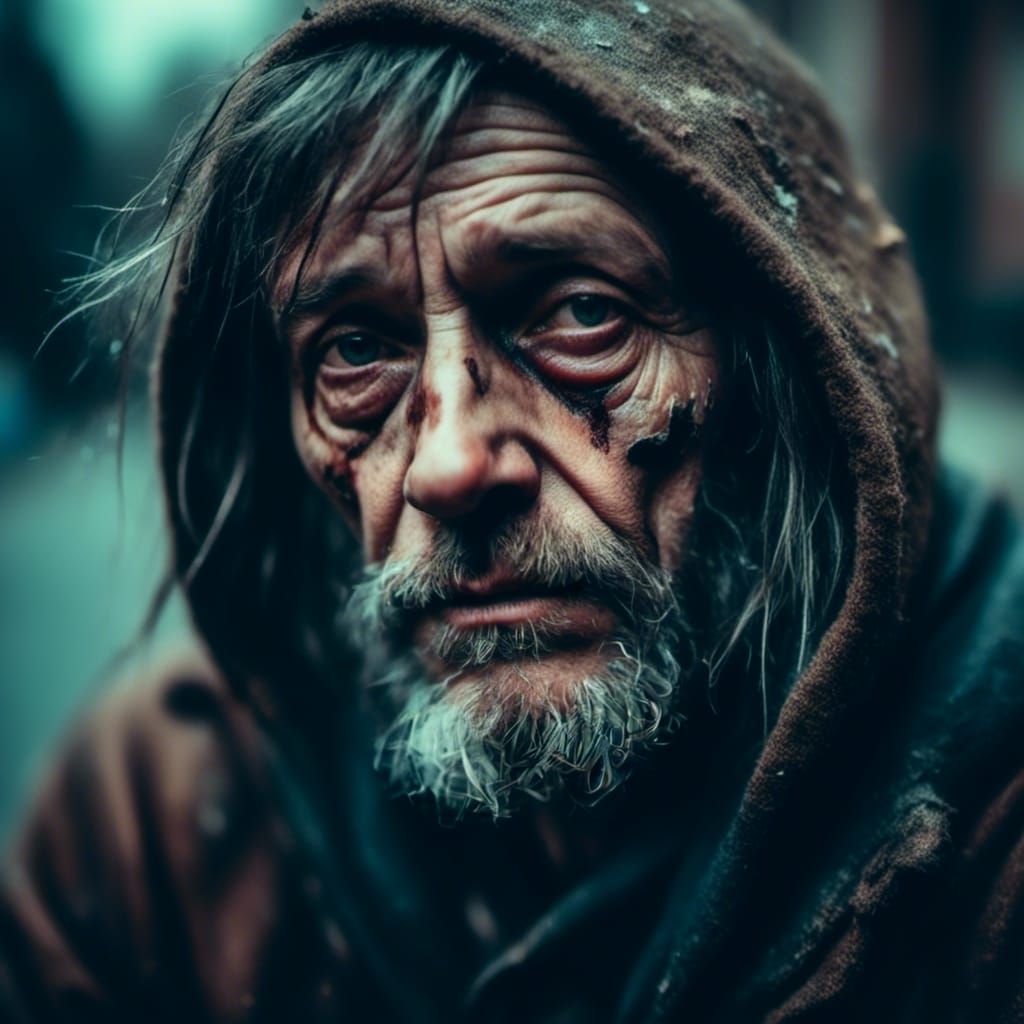 Sad Homeless Man: Macabre Street Portrait