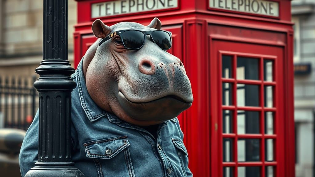 Hippo in Denim Jacket Hiding in London, Hyperrealistic Style
