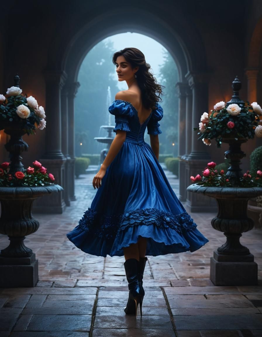 Renaissance Woman in Castle Courtyard, Oil Painting