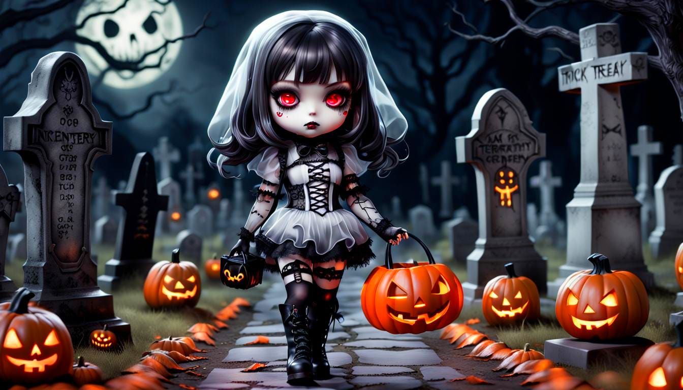 Hyper-Realistic Chibi Ghost in Spooky Cemetery
