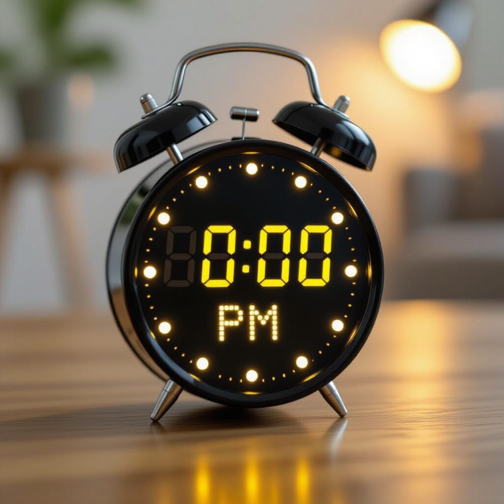 Photorealistic Yellow Alarm Clock Displaying 8:00 PM