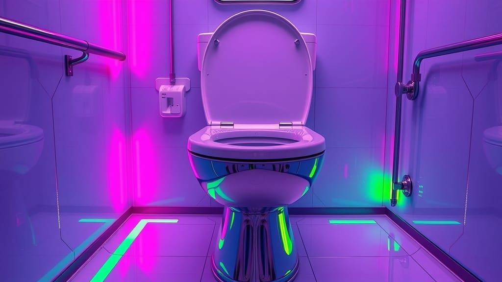 Retro-Futuristic Toilet in Neon Cyber Washroom