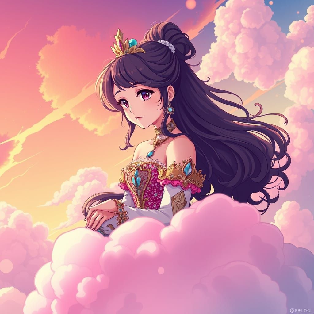 Elegant Princess on a Vibrant Heart-Shaped Cloud