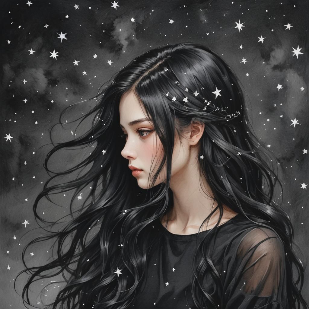 Enchanting Fairy Girl with Black Hair and Stars