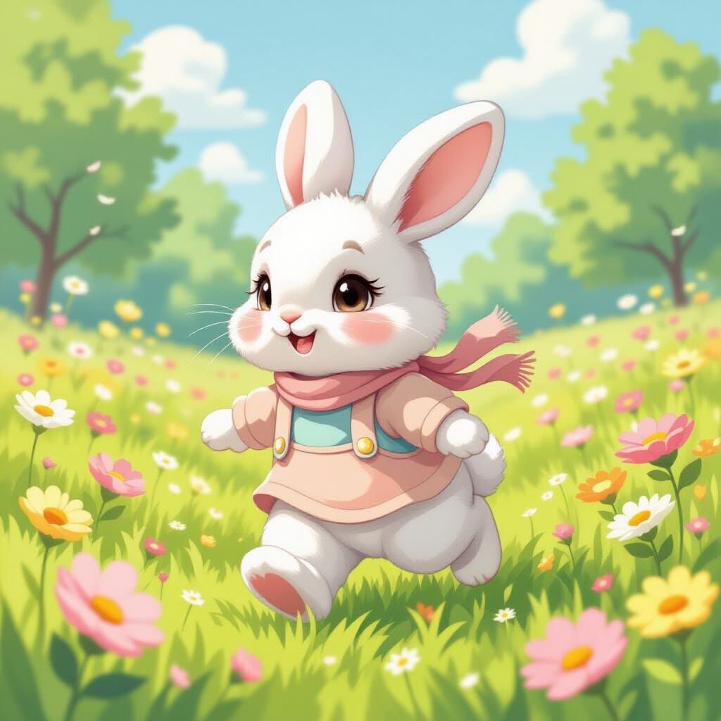 Cute Bunny in Meadow, Sanrio-Inspired Digital Art