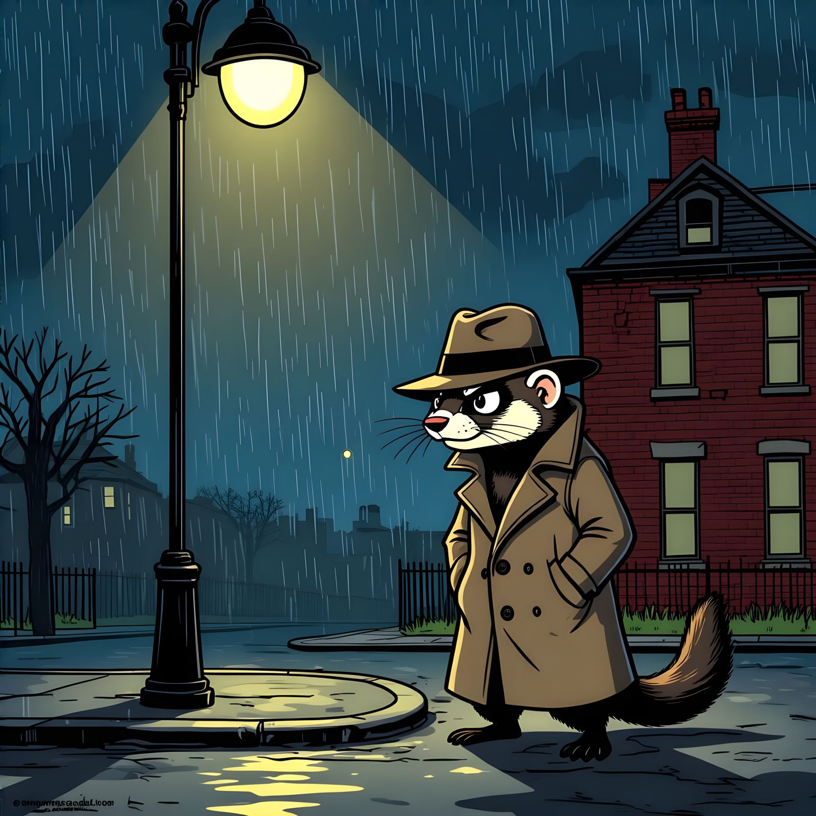 Cartoon Ferret Detective in Rainy City at Night