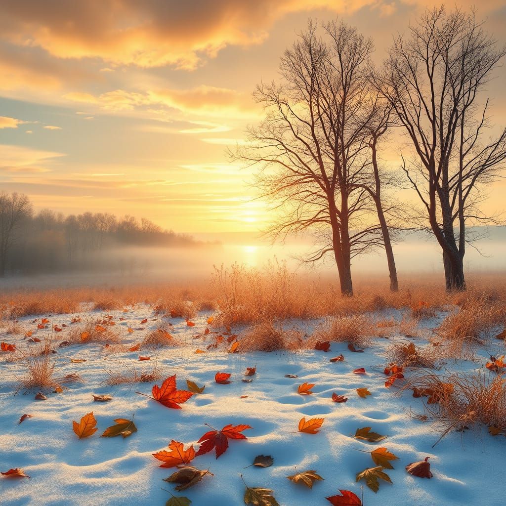 Autumn to Winter Landscape in Soft Golden-Silver Light