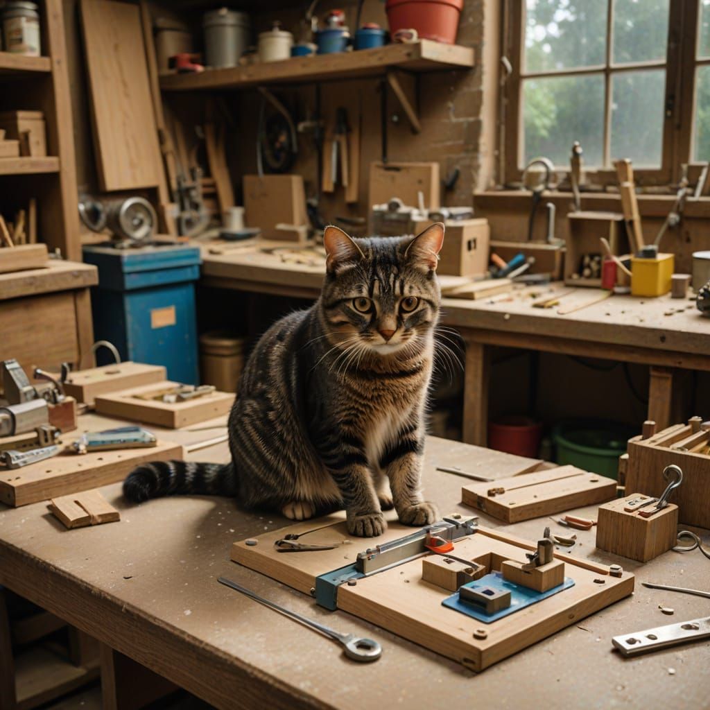 Cat Builds Mousetrap in Workshop