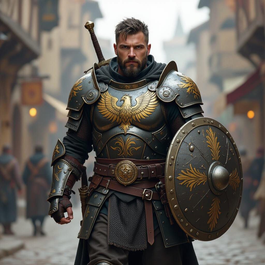 Armored Warrior in Medieval City, Detailed Realism