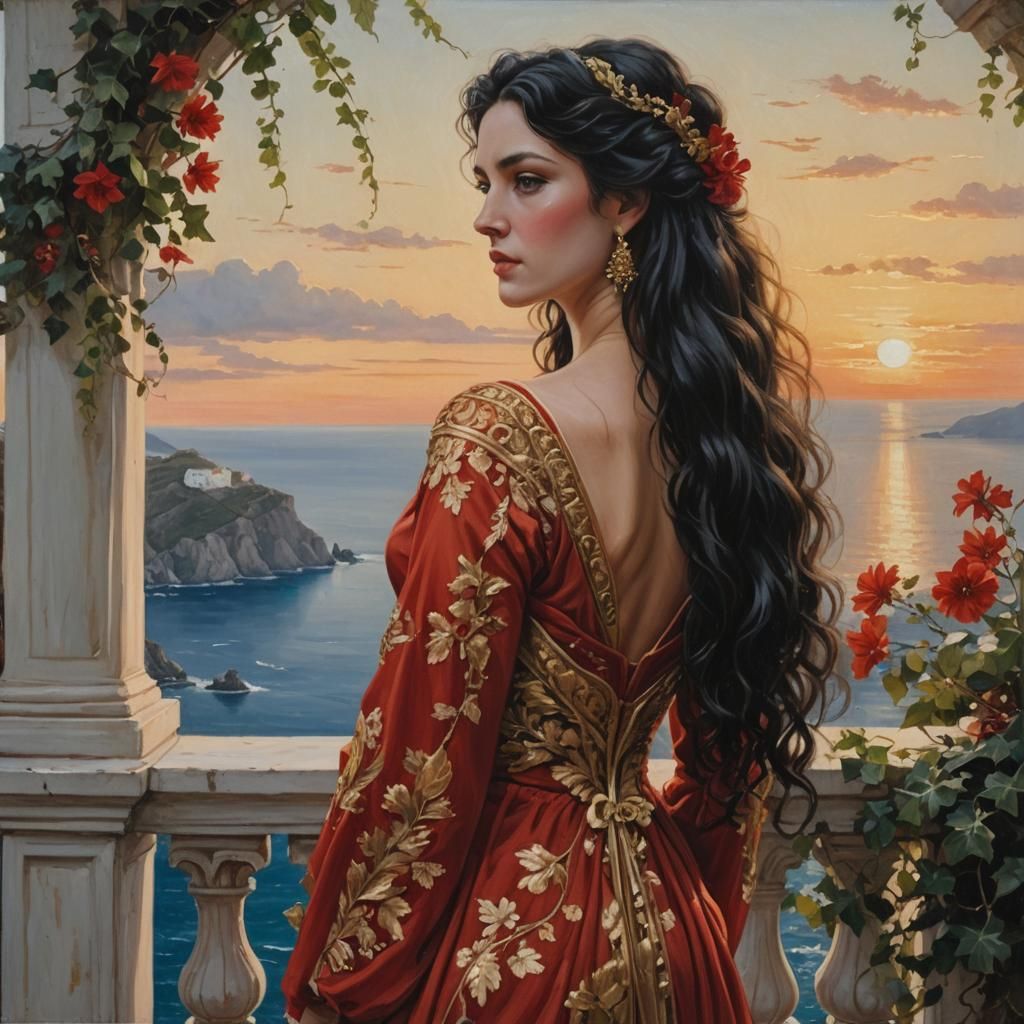 Greek Woman on Balcony at Sunrise as Oil Painting