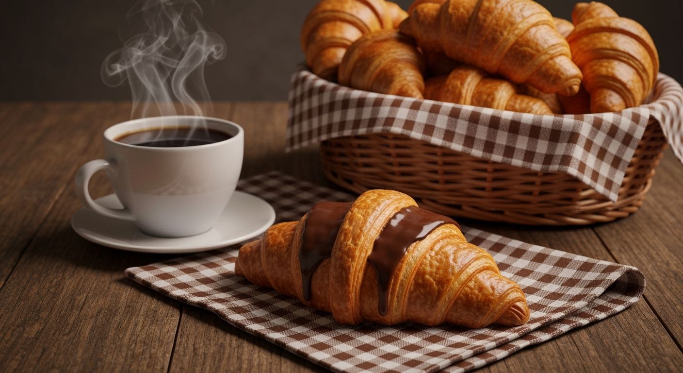 Steaming Chocolate Croissant with Coffee on Checkered Napkin