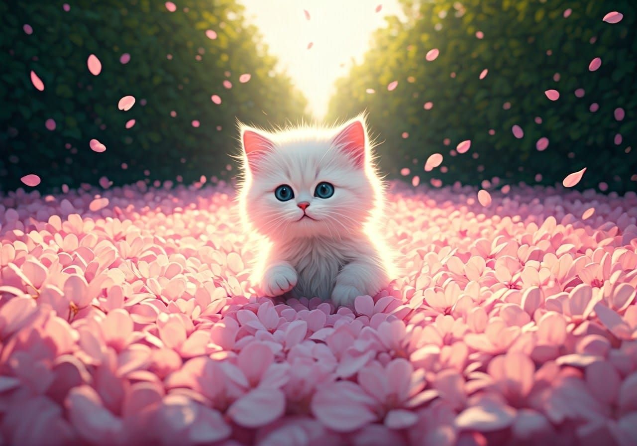 Kitten Frolics in Pink Blossoms: 3D Computer Imagery