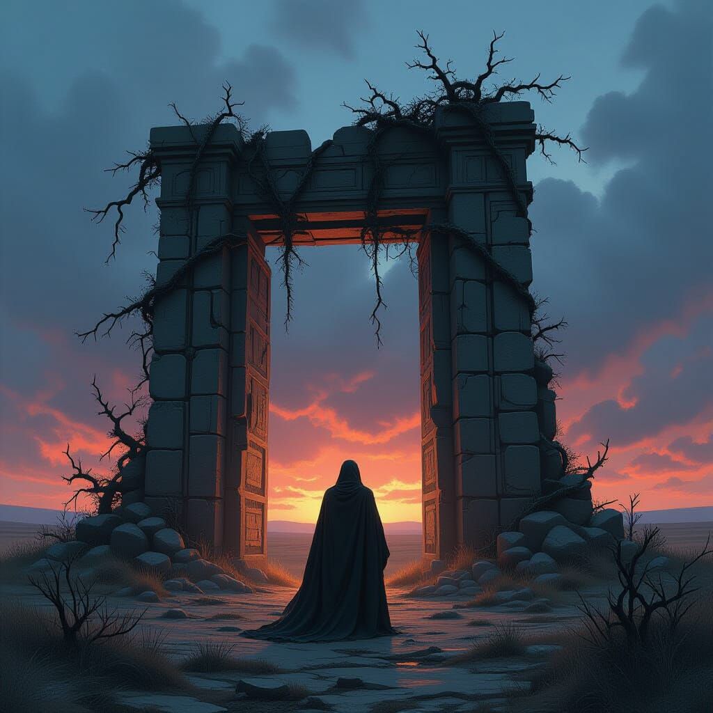 Figure Before Ancient Gate on Windswept Plain