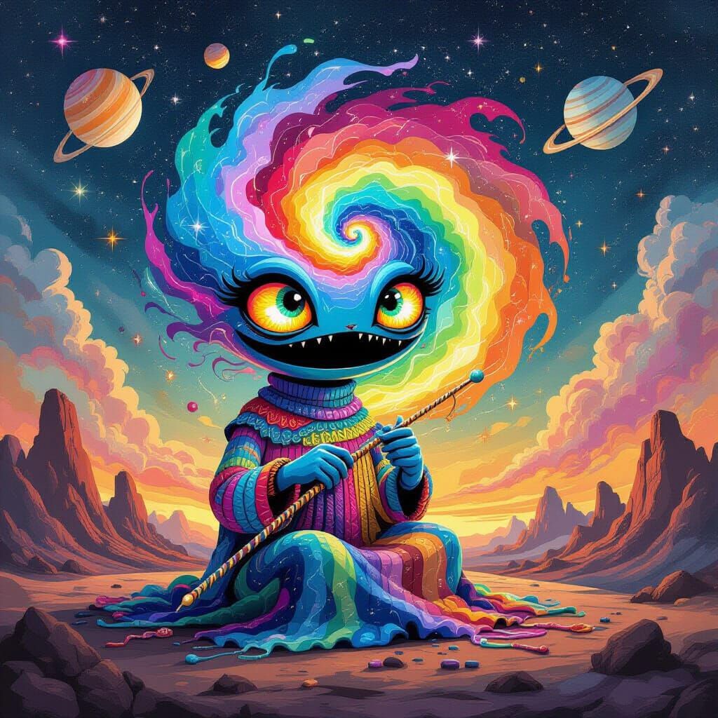 Cosmic Being Knits Nebula With Giant Needles