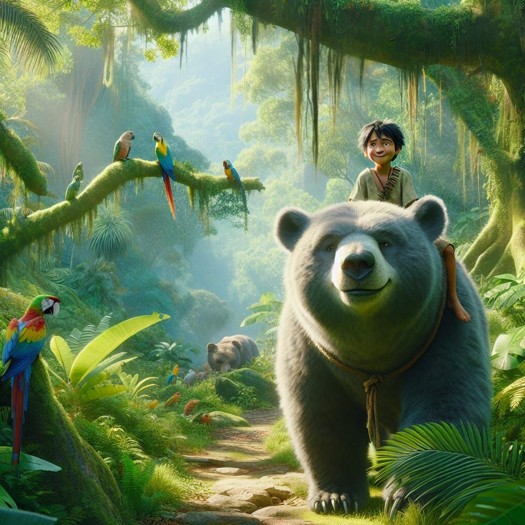 Boy and Bear Journey Through Tropical Jungle