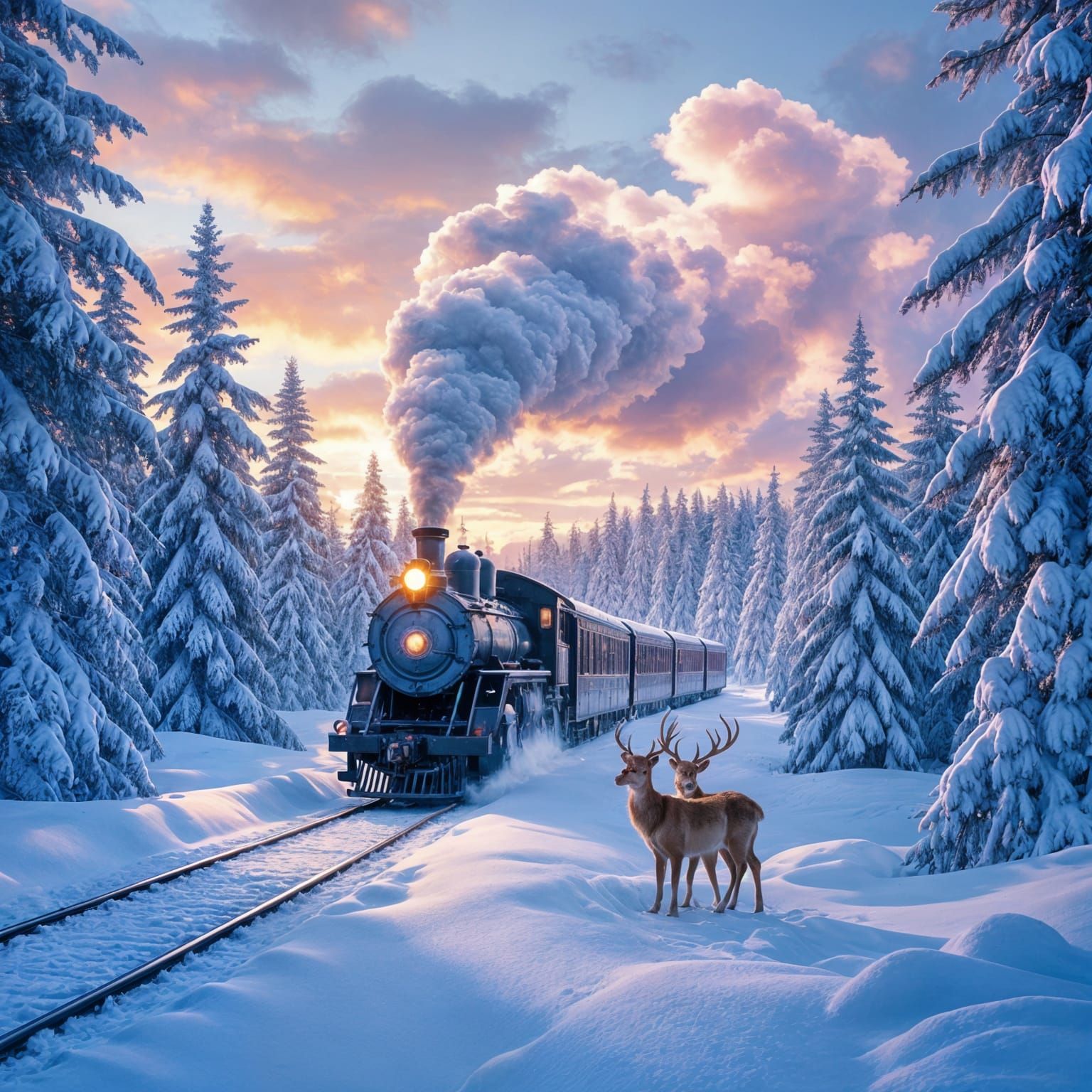 Turquoise Train in Snowy Forest with Pink Smoke