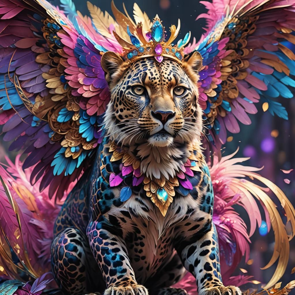 Crowned Winged Leopard with Iridescent Wings