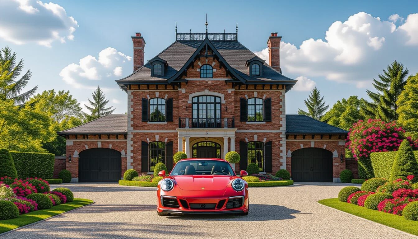 Victorian Chateau with Red Porsche in Golden Hour