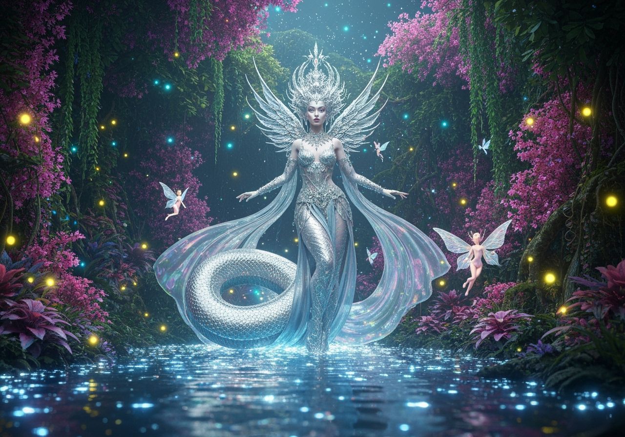 Silver Serpent Princess in Bioluminescent River: 8K Renderin...