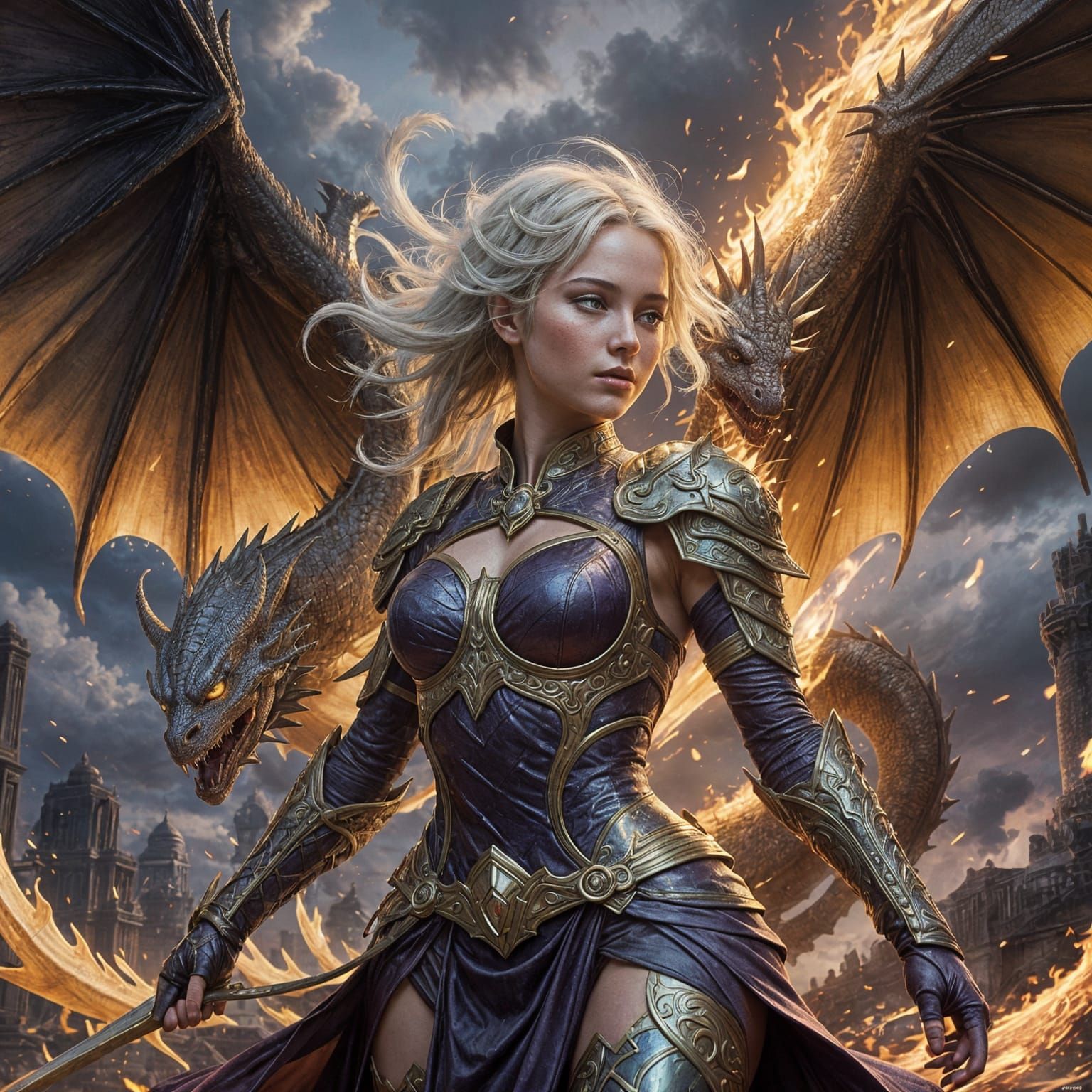 Warrior Girl Soars on Golden Dragon with Dragons in Flight