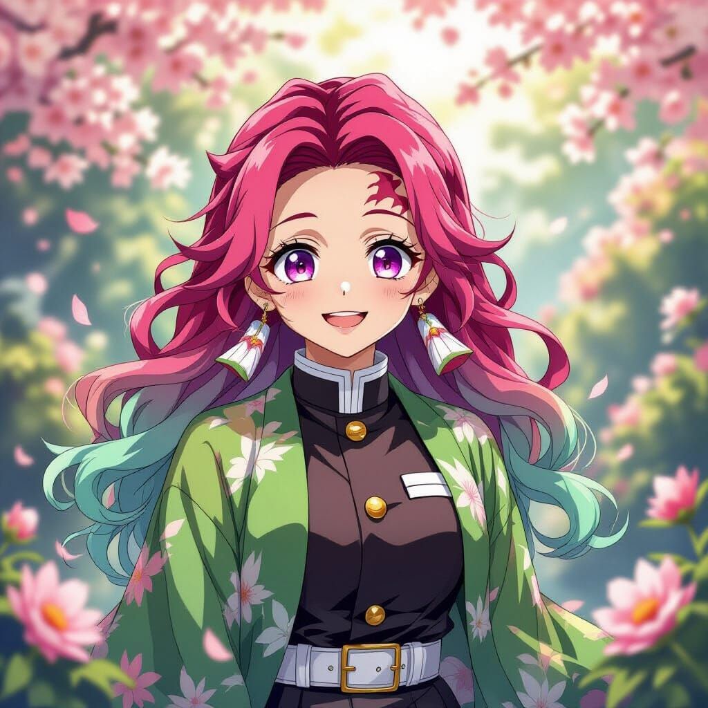 Anime Mitsuri Kanroji Amidst Blooming Flowers