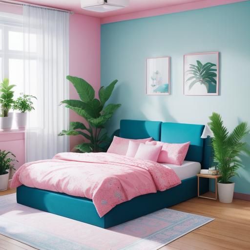 Modern Pink and Blue Bedroom with Natural Lighting